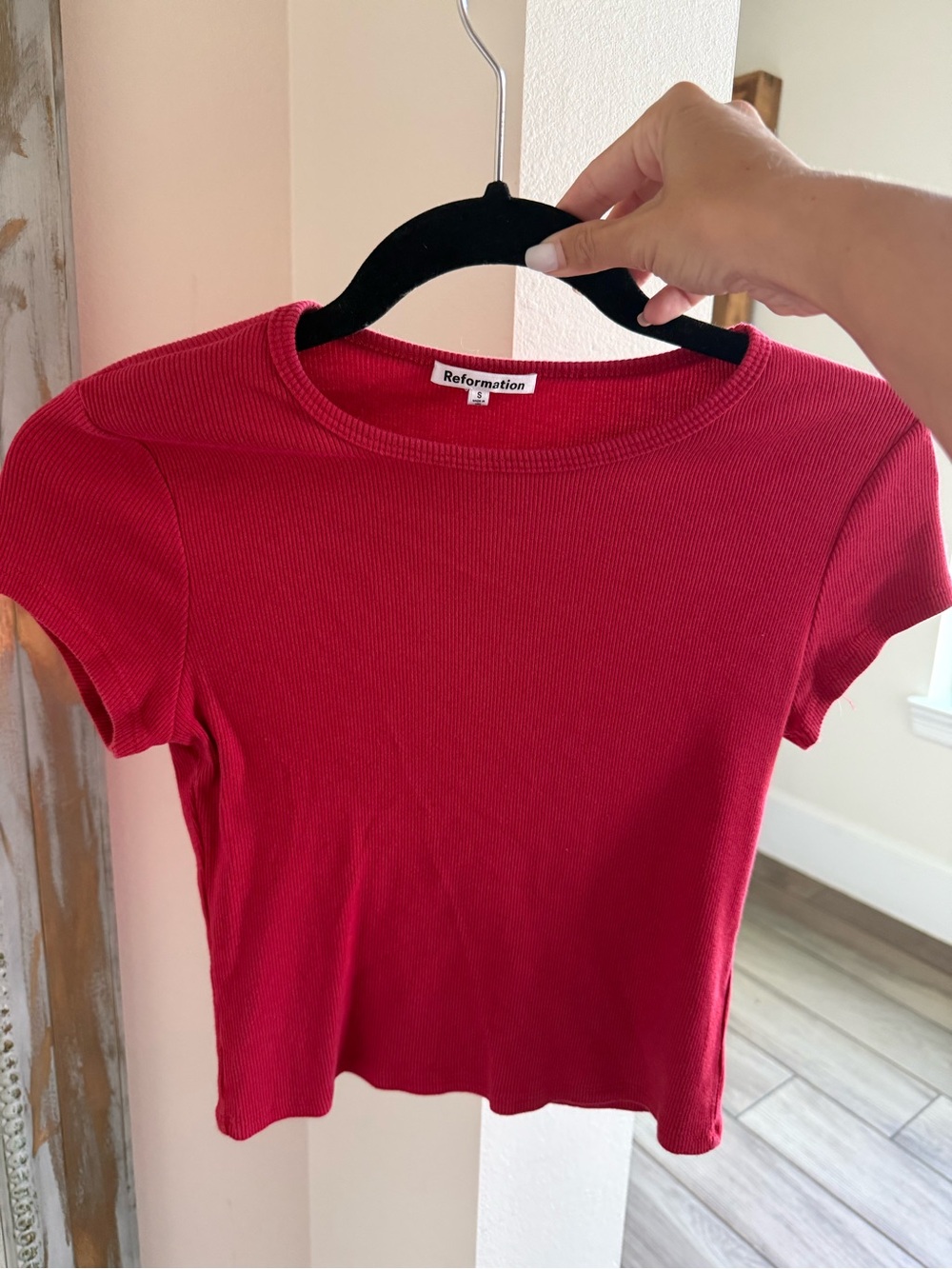 Reformation Red Ribbed Short Sleeve Crew Tee